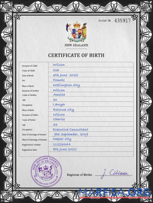 Realistic New Zealand birth certificate PSD template